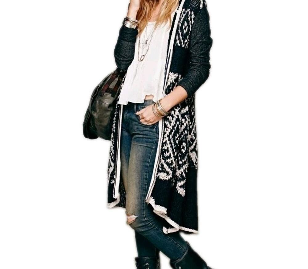 Free People White Moon Pattern Cardigan Hooded Sweater Coat Long Jacket Sz S